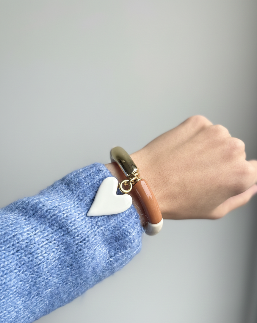 Bracelet bohème cœur doré & résine caramel - Acier inoxydable