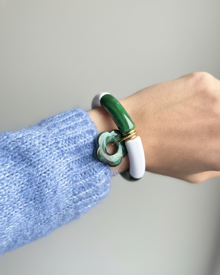 Bracelet en résine fleur verte malachite et doré – Acier inoxydable