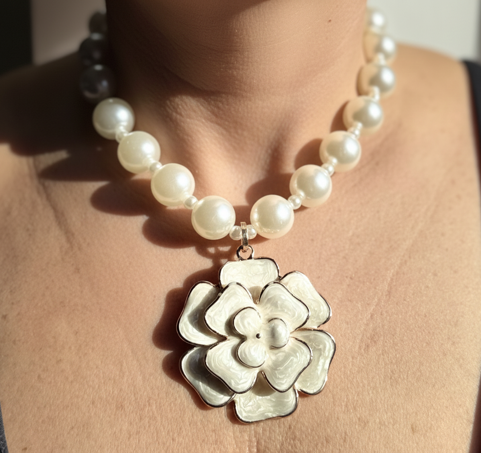 Collier résine en perles blanches & fleur nacrée – Acier inoxydable
