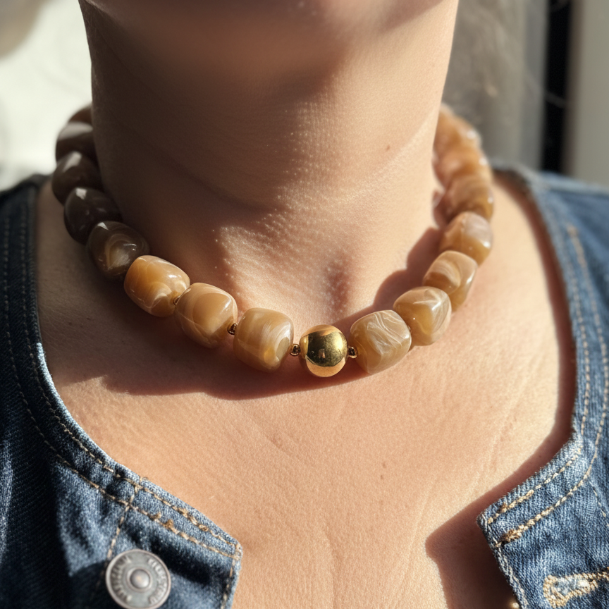 Collier perles résine caramel marbrées & bille dorée - Acier inoxydable