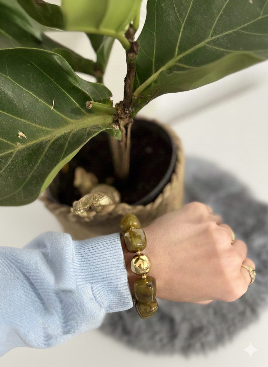 Bracelet résine perles carrées vert olive – Acier inoxydable