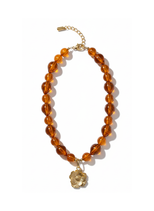 Collier résine perles ambrées & pendentif fleur dorée - Acier inoxydable