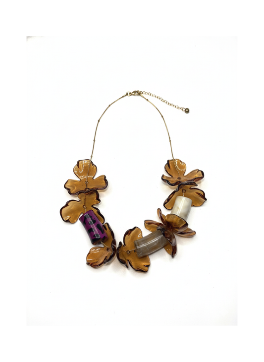 Collier fleurs ambrées & perles résines – Acier inoxydable