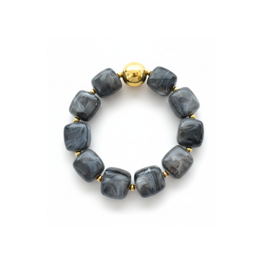 Bracelet résine perles carrées gris marbré – Acier inoxydable