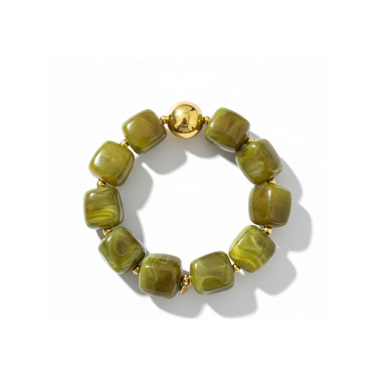 Bracelet résine perles carrées vert olive – Acier inoxydable
