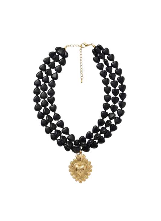 Collier résine en perle cœurs noirs & pendentif doré – Acier inoxydable
