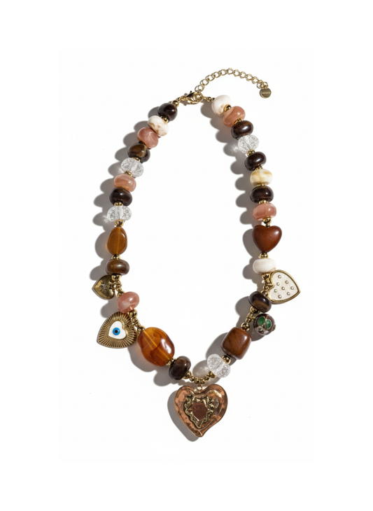 Collier résine charms ambrés & cœur doré – Acier inoxydable